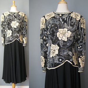 Vintage 1990s Black Tie Lavish beaded gown black ivory sequins beads chiffon